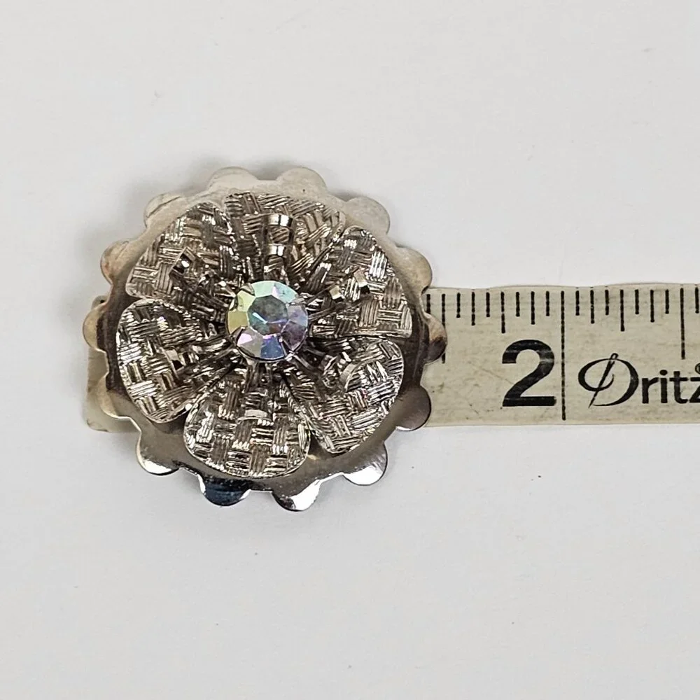 Vintage Scarf Clip‎ Silver Tone Flower Rhinestone AB Layered Textured Scalloped